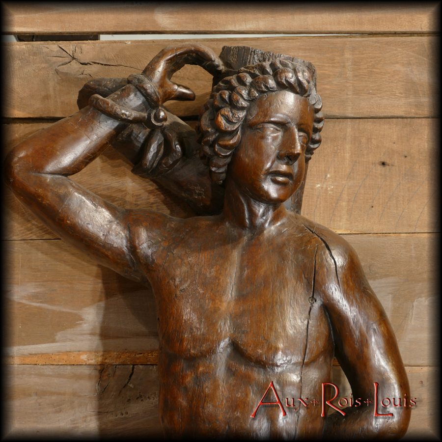 Sculpture in anamorphosis of Saint Sebastian, sculpted in the 17th century in a walnut monoxyl.