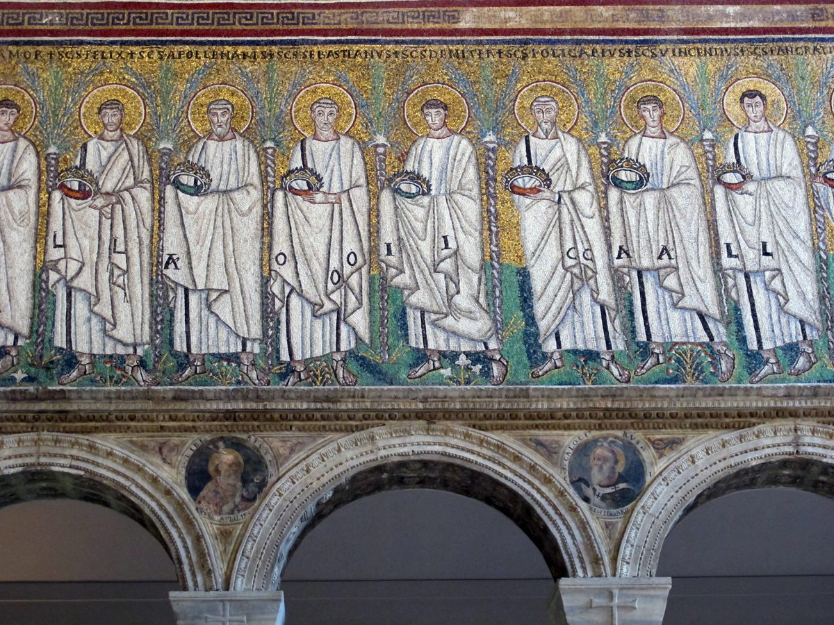 Element of the mosaic of the holy martyrs of the Basilica of Saint Apollinare in Ravenna. Saint Sebastian is the fourth character from the left.