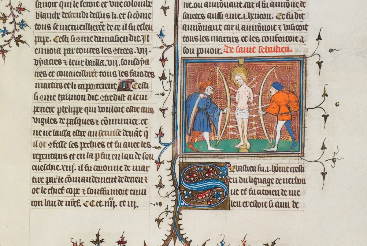 La légende dorée de Jacques de Voragine. Enluminure représentant saint Sébastien. Vers 1402. Bibliothèque de Genève, Ms.fr. 57, f. 51