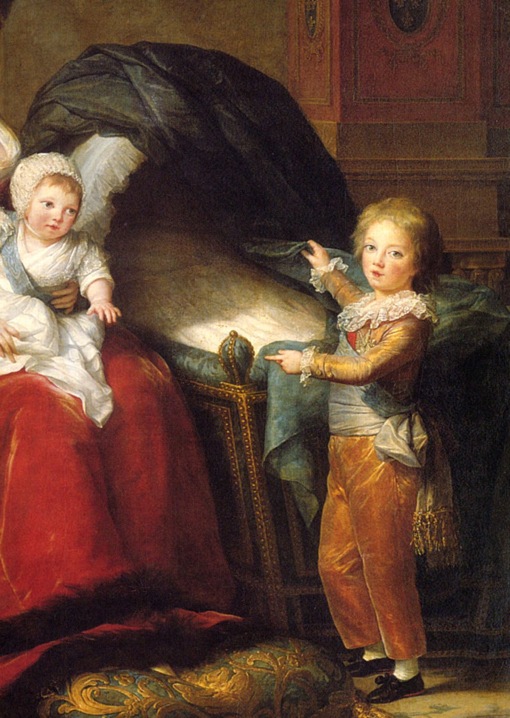 « Marie-Antoinette et ses enfants », Élisabeth Vigée Le Brun, 1788, Collection du Château de Versailles. Le Dauphin Louis entrouvre la barcelonnette de « Madame Sophie », sa petite sœur disparue prématurément.
