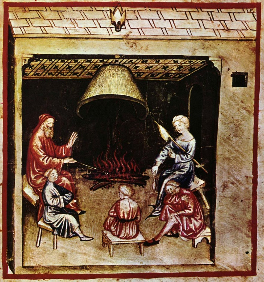 Enluminure représentant une veillée familiale, dans le Tacuinum Sanitatis, illustre manuel médiéval sur la santé basé sur le traité médical arabe écrit par Ibn Butlân vers 1050.