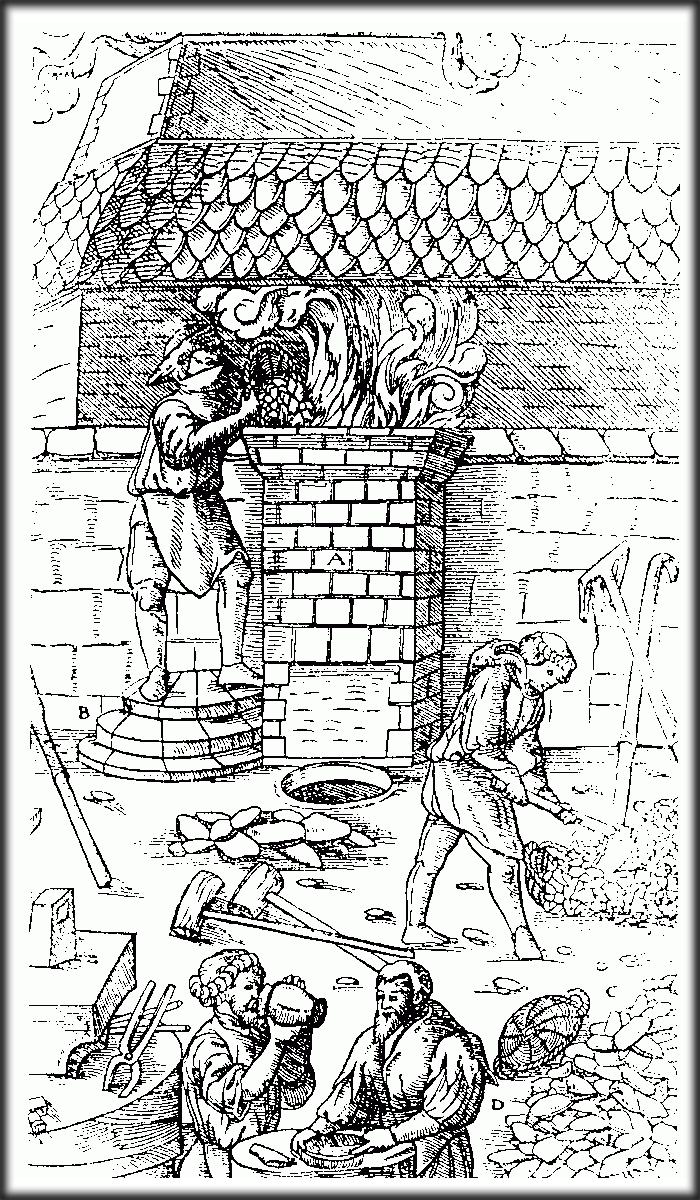 Réduction du minerai de fer au Moyen-Âge - La fonte du fer au Moyen-Âge, d'après "De Re Metallica" de Georgius Agricola, 1556