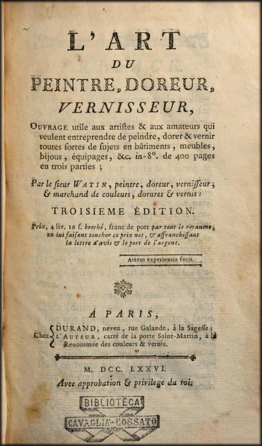 « L'Art du Peintre, Doreur, Vernisseur » – Jean-Félix Watin – 1772