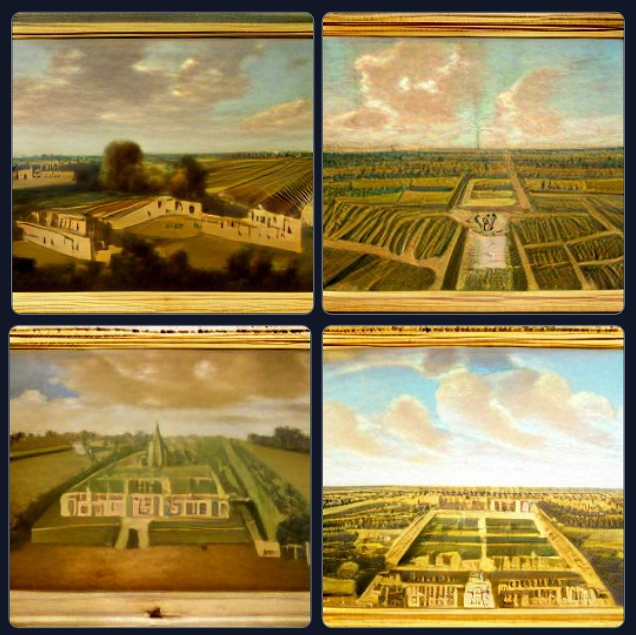 Différentes perspectives aériennes d'une Chartreuse du XVIIIe siècle entourée de sa borderie ou closerie.