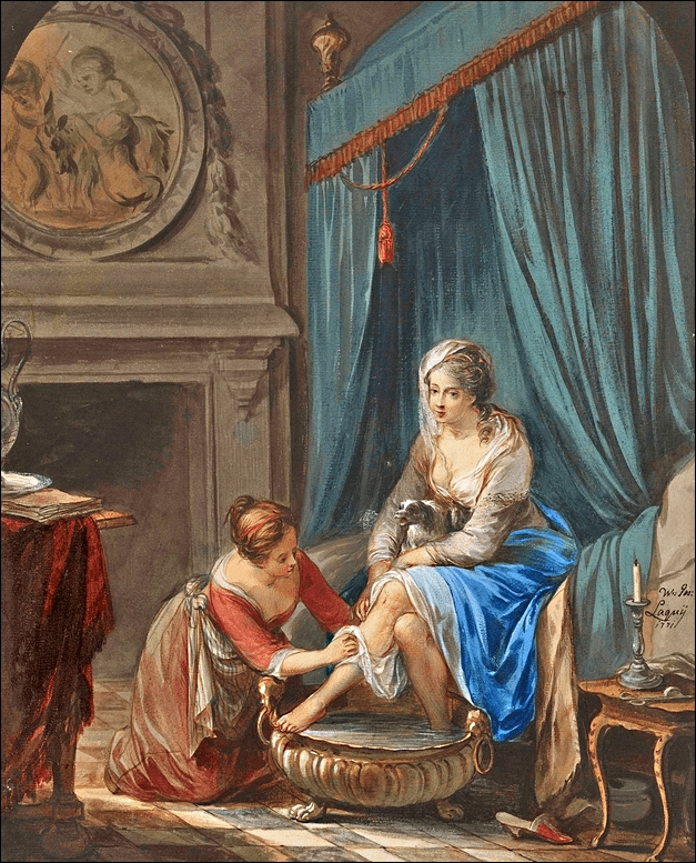 Painting of a young woman making her toilet, produced in 1771 by Willem-Joseph Laquy.