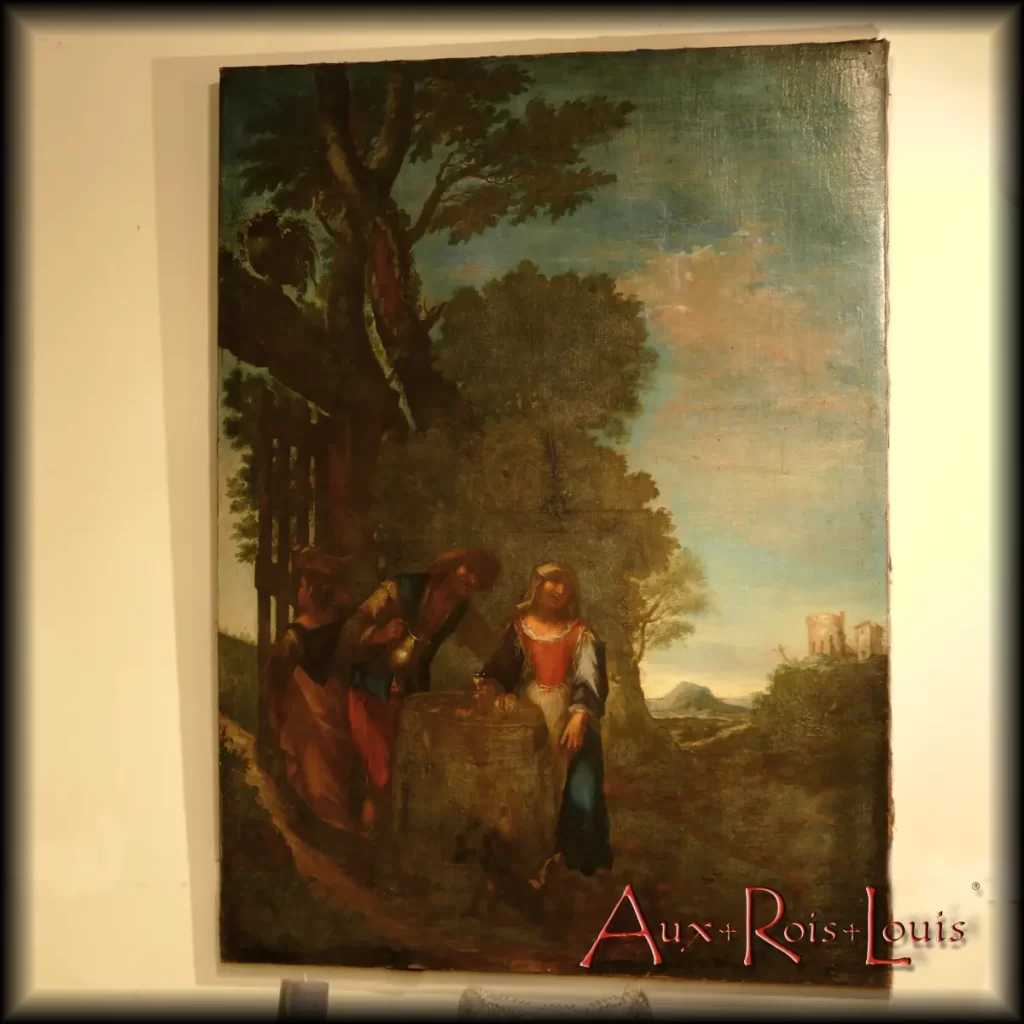 ‘Le saut de l’Ange’ – huile sur toile – XVIIIᵉ siècle – Italie – [ME102] – Intitulée ‘Le saut de l’Ange’, cette huile sur toile peinte au XVIIIᵉ siècle en Italie se rattache à l’esthétique baroque. Le peintre joue sur les effets de lumière et les contrastes du clair obscur. La profondeur n’est pas uniquement basée sur des perspectives géométriques rigoureuses et des lignes droites. L’ impression de mouvement est restituée grâce aux gestes des personnages très expressifs, communiquant par le regard. Cette toile nous donne à voir et les efforts d’un amoureux transis pour séduire sa belle et la chute probable en arrière plan d’une silhouette au bord d’un gouffre. Tomber amoureux peut-il mener à tomber de haut ? Telle est la question que semble nous poser l’artiste, de façon allégorique.