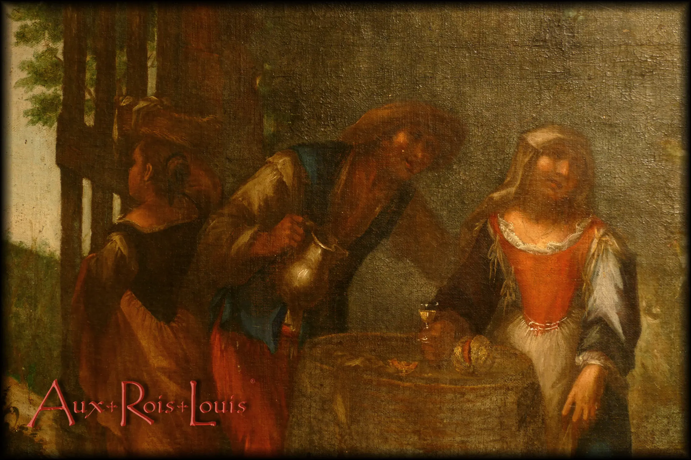 In the foreground, the bucolic scene centers around a seduction attempt, a figure of the famous Dance of Love. On an overturned barrel, hidden from view outside the Domain, a suitor offers a snack - slices of melon and a glass of white wine - to a lady who seems to politely turn away. But who is the other woman, proudly carrying a basket of laundry on her head, who quietly slips away as not to disturb?