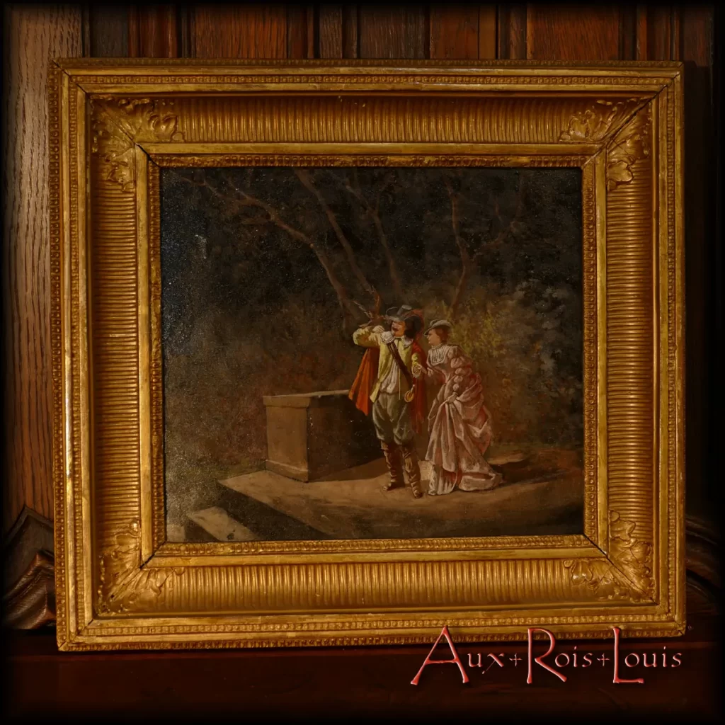 Here is a small oil painting on canvas of great finesse. It depicts a delicate gallant scene where a Musketeer, with an Elegant Lady on his arm, manages to have a bird perch on his hand. The characters seem bathed in light in a forest setting that, by contrast, seems to slide into the fallen night.